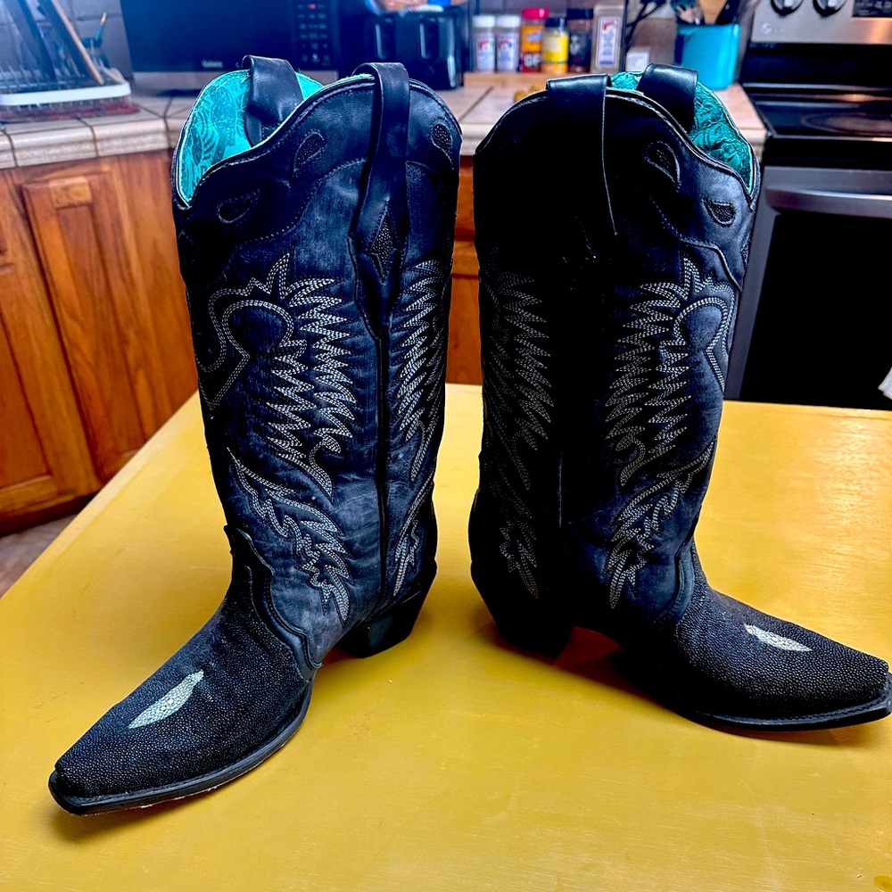 Corral Black Western Heeled Cowboy Boots with Teal Lining